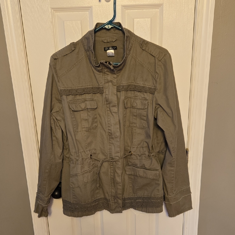 VENUS Lace Trim Khaki Utility Jacket Size LARGE